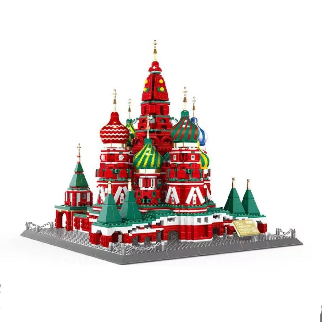 Wange building block set showing over 800 small ABS plastic pieces for constructing global landmark models.