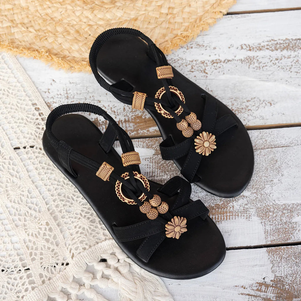 Black women's ethnic style beach sandals with woven beading and rhinestone decoration on elastic band