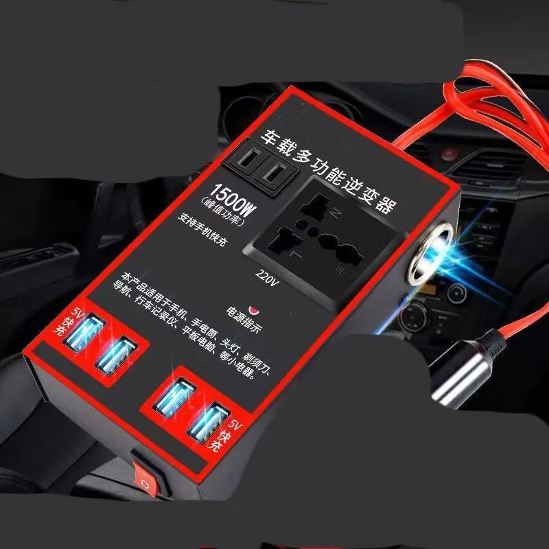 Black 12V 24V to 220V car power converter with AC socket and 4 USB charging ports
