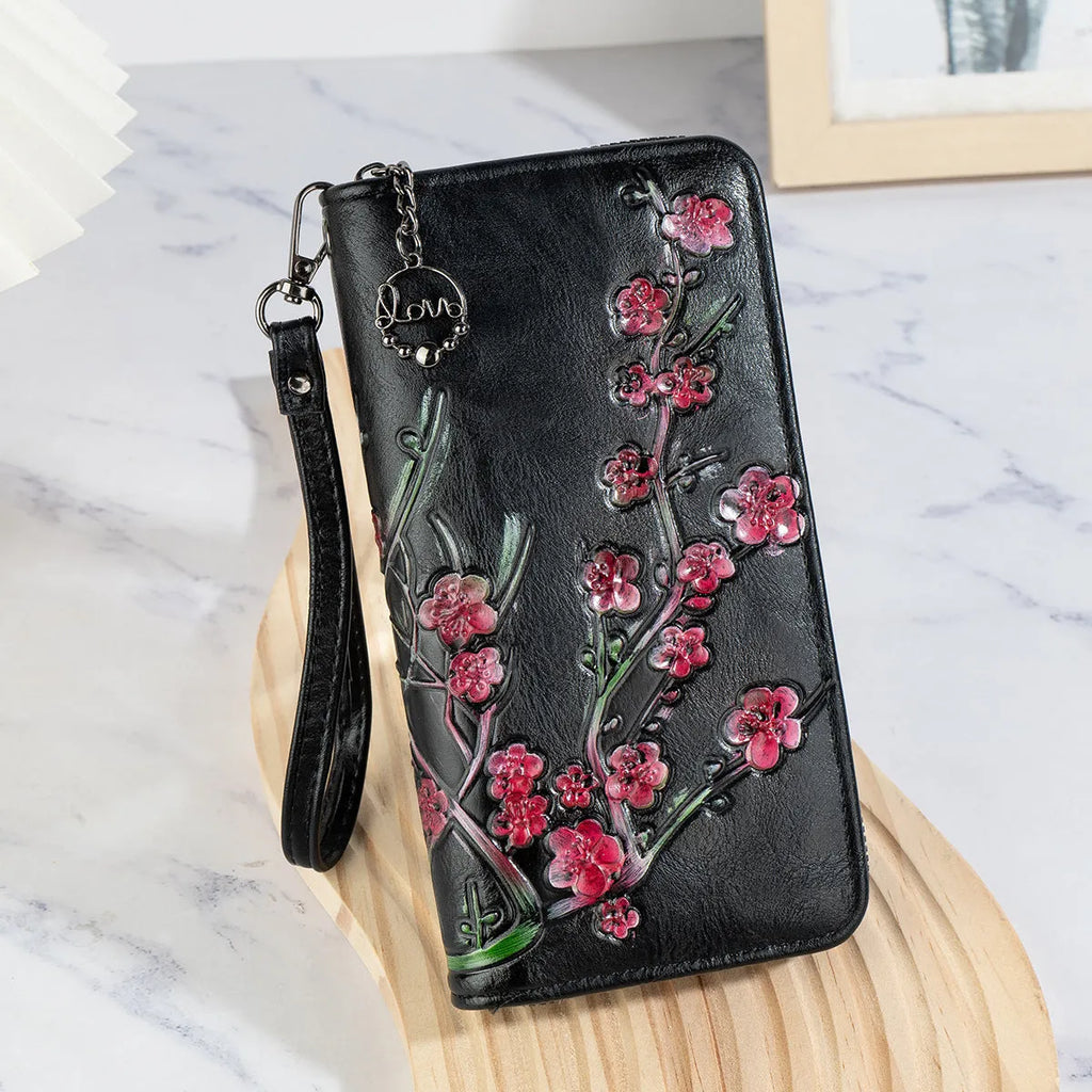 Embossed hand-painted Chinese style floral pattern zipper handbag in PU leather