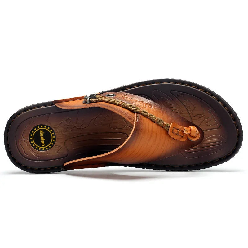 Men's herringbone-patterned outdoor slippers in dark blue with leather lining and rubber sole