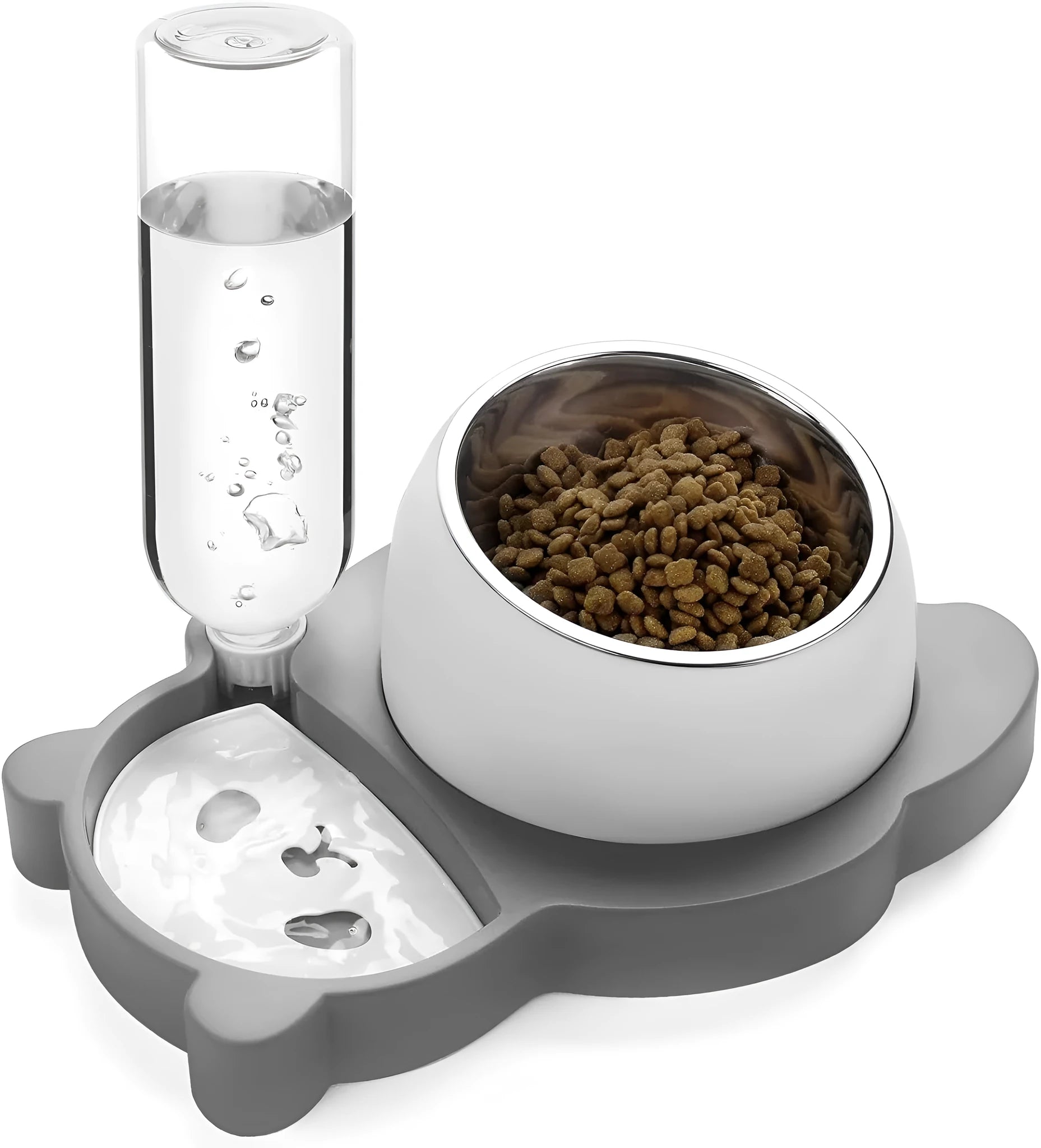 Grey panda-shaped automatic pet water dispenser with tilted stainless steel bowls for cats and small dogs
