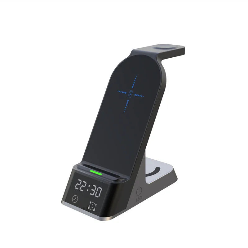 Black six-in-one wireless charging alarm clock with Apple Watch charging pad and USB port