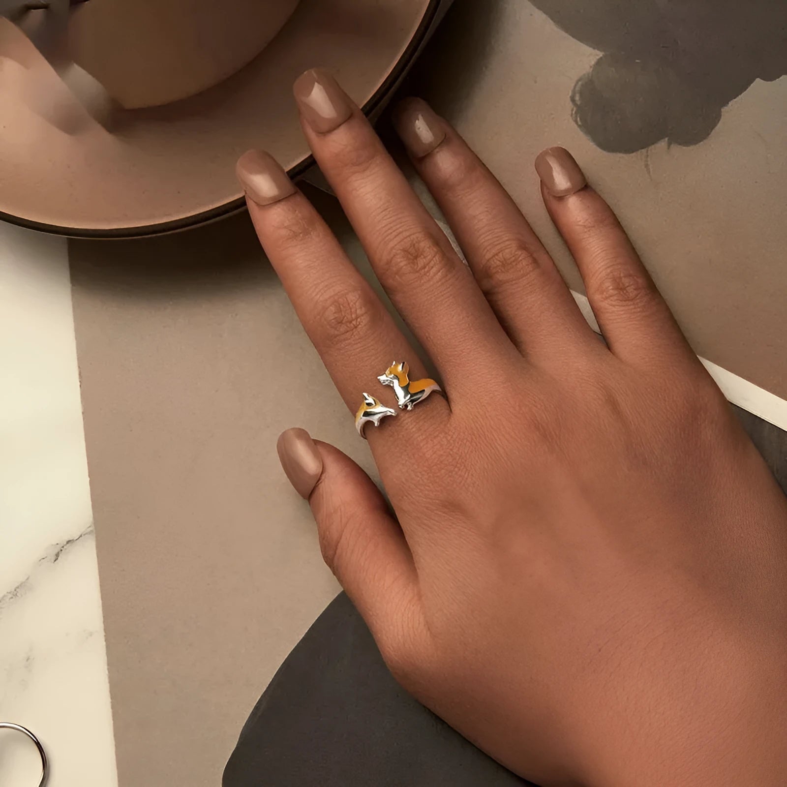 Silver-colour ring with a detailed cartoon corgi design for women.