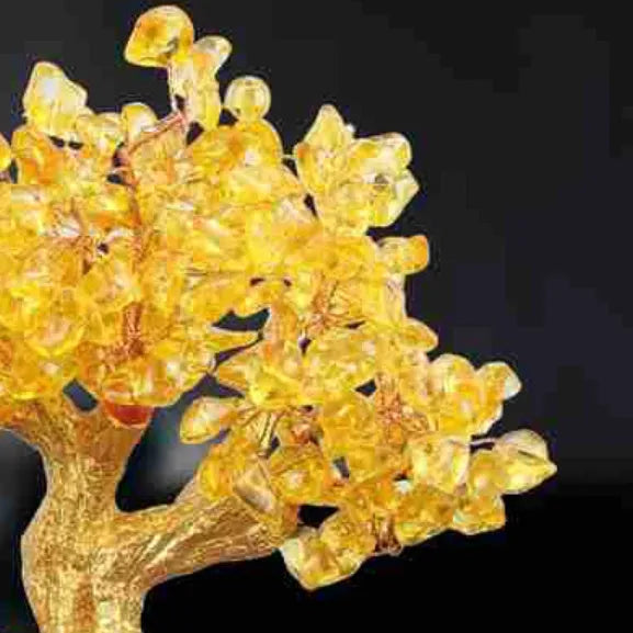 Citrine resin money tree ornament with small water turtle design for Feng Shui decoration