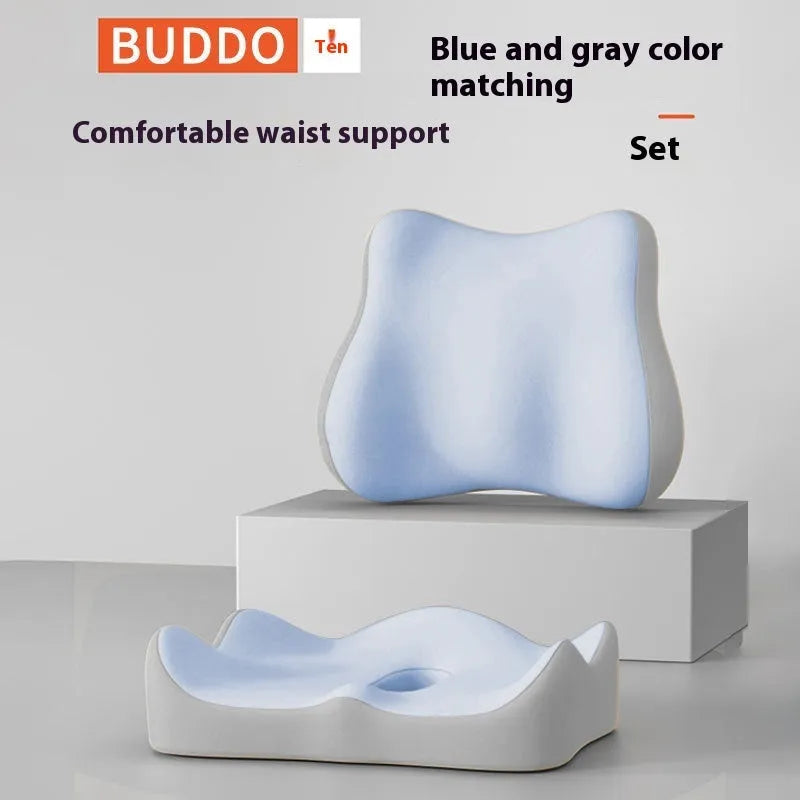 Memory foam seat cushion with waist rest for office sitting support in grey and black colour combination