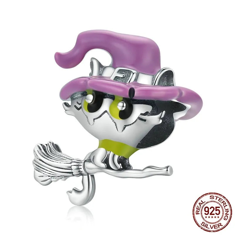 925 silver Halloween cat bead charm 1.4cm by 1.4cm with 0.45cm hole on white background
