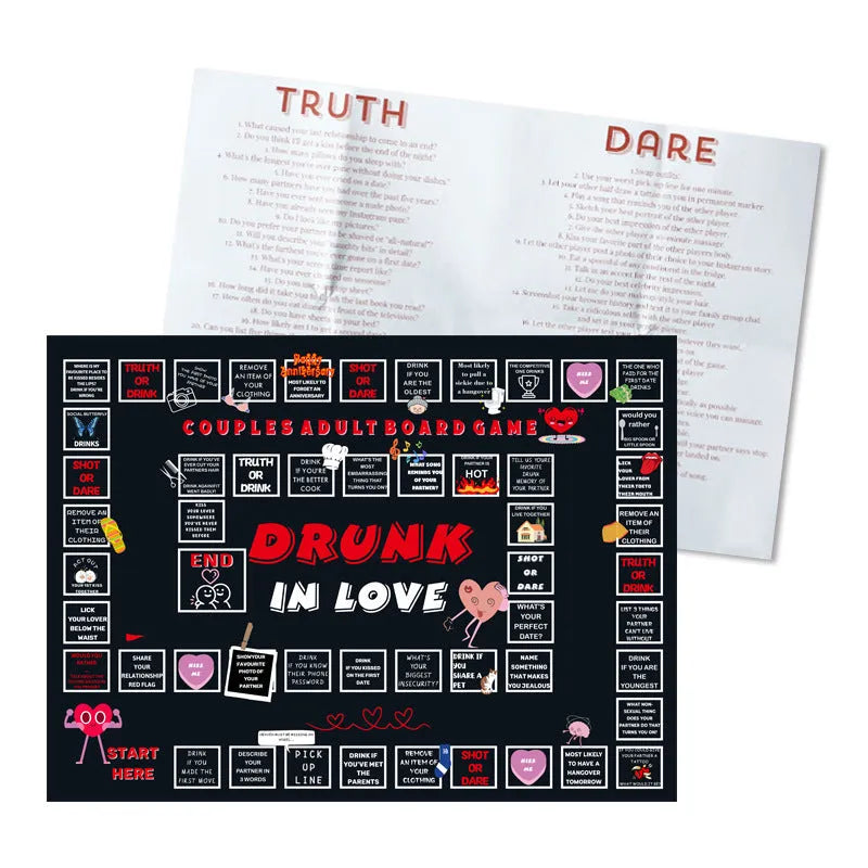 Couple drinking board game on photo cloth with drunk love theme and double game board