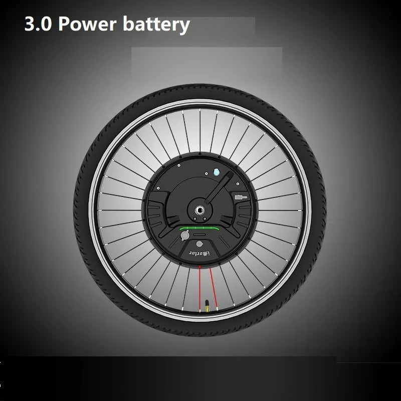 26-inch bicycle electric conversion kit showing hub motor wheel, lithium battery, and charger