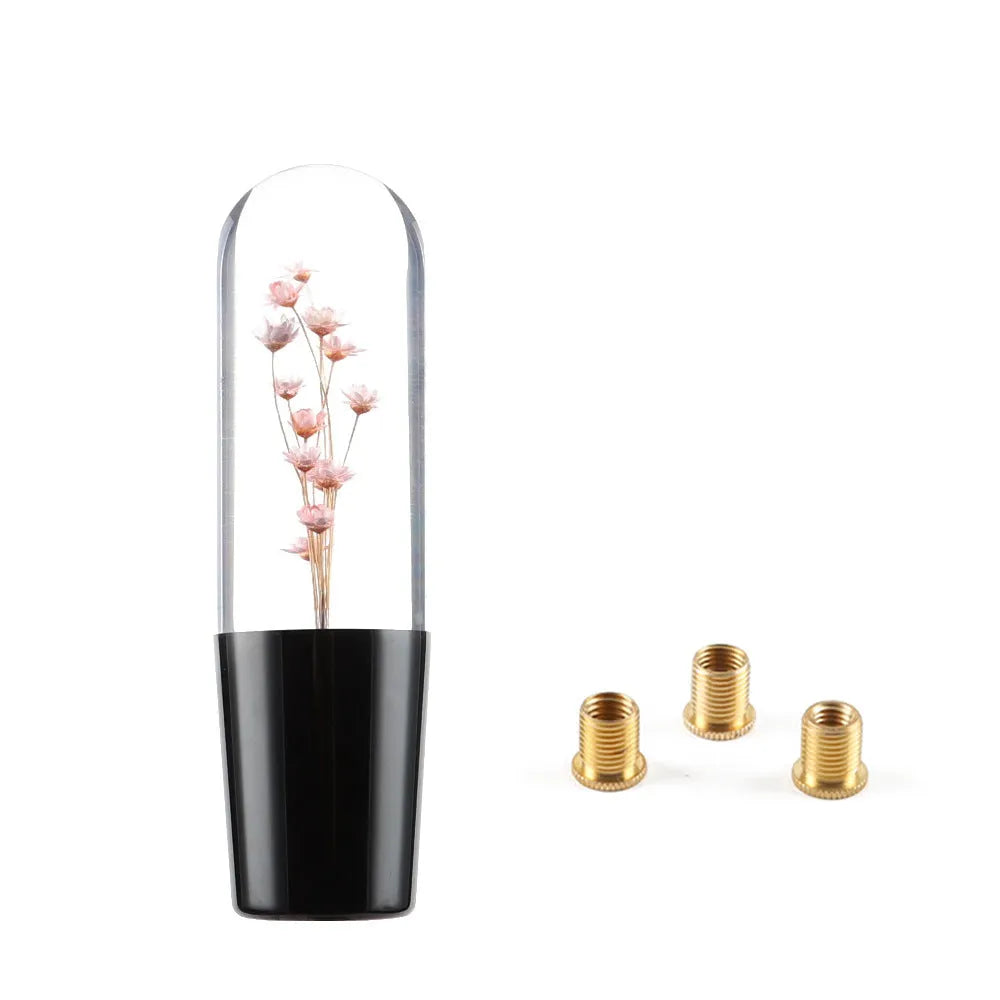 15cm JDM crystal gear knob with flower design in water, includes three adapter sleeves