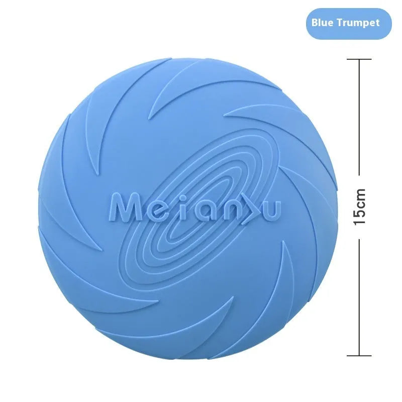Soft rubber dog frisbee in red, blue and green colour options showing small, medium and large size variations