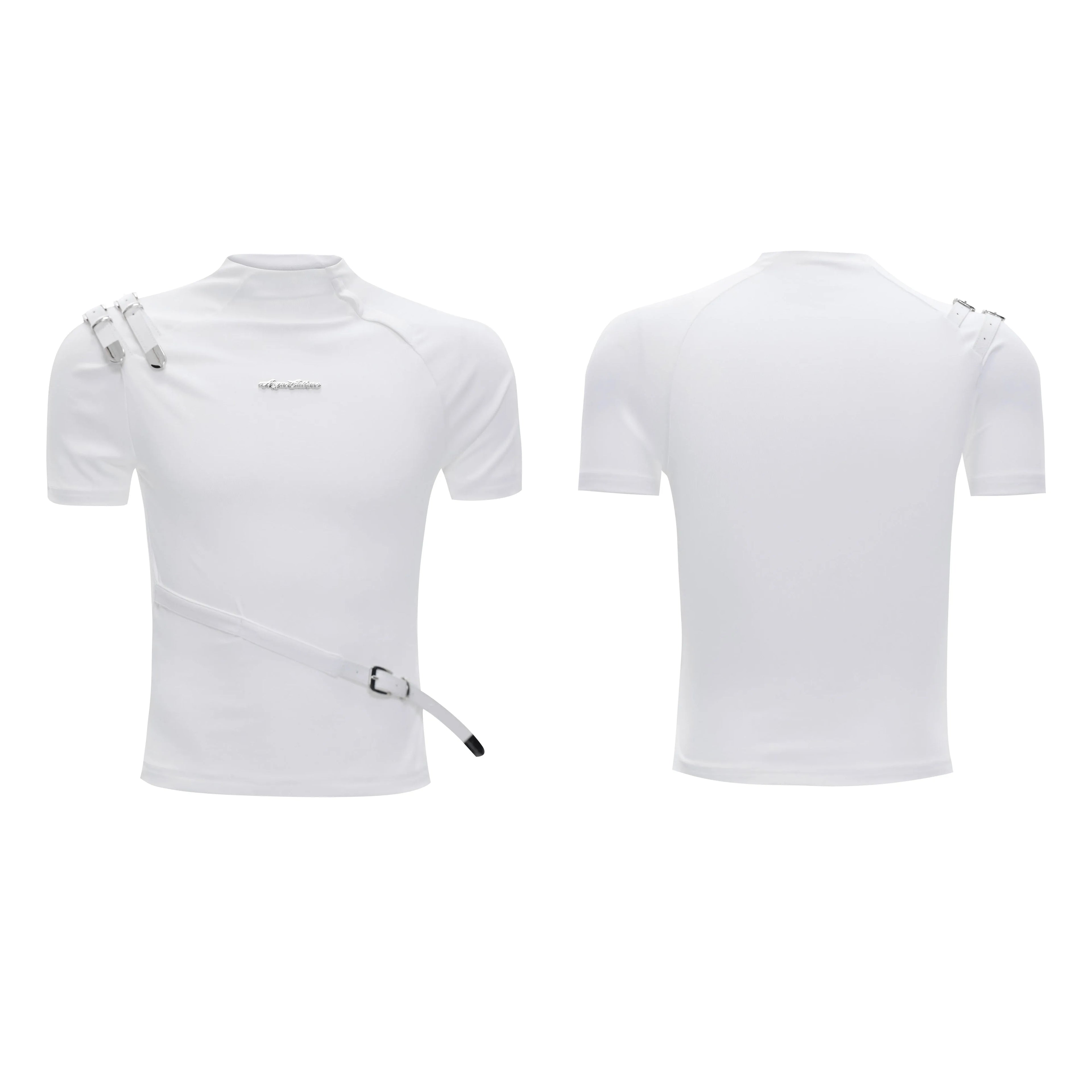 Men's black cotton short sleeve shirt with metal belt design detail and stand-up collar