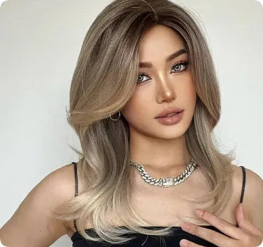 Mid-length platinum gradient curly wig with long bangs in high-temperature fibre.