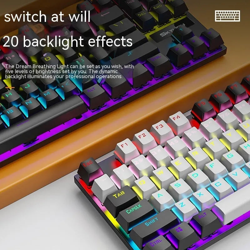 K87 mechanical wired keyboard with metal frame shown in blue white colour with green mechanical switches.