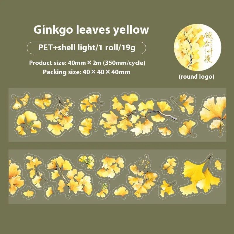 Roll of PET decorative stickers with six leaf patterns including ginkgo and maple designs for DIY projects