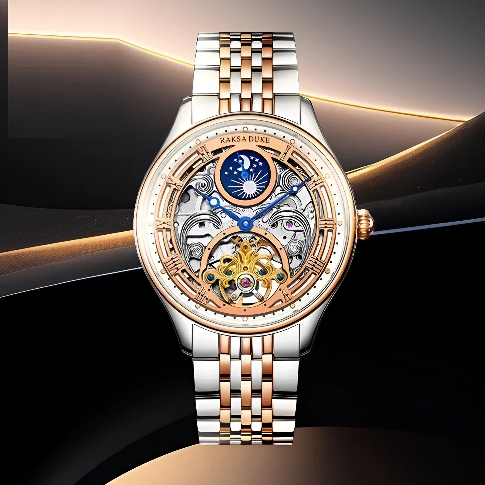 Men's waterproof business watch with steel strap showing 16mm thickness stainless steel case