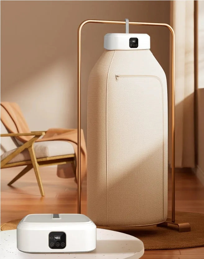 White cylindrical foldable smart dryer with remote control for dormitory laundry drying