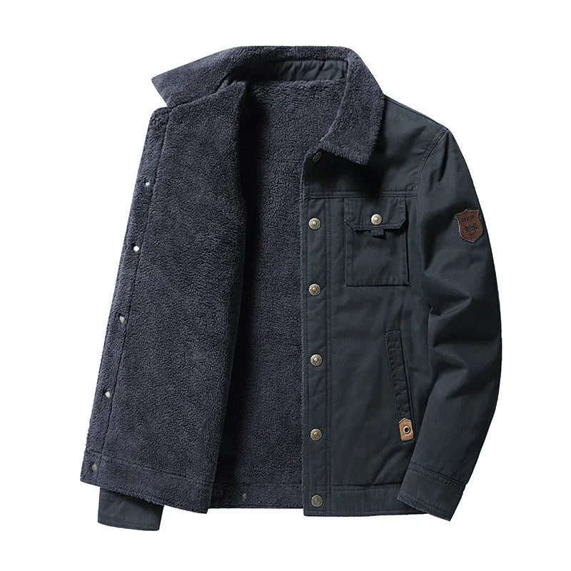 Men's fleece-lined thickened casual jacket with polo collar, cotton fabric, available in khaki, army green, dark blue