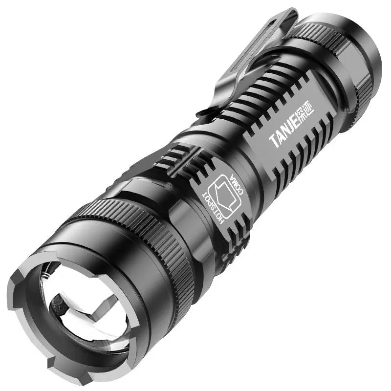Black aluminium alloy telescopic LED flashlight with pocket clip, shown zoomed in and out.