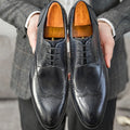 Men's burgundy British Brock pointed toe formal leather shoes on a white background.