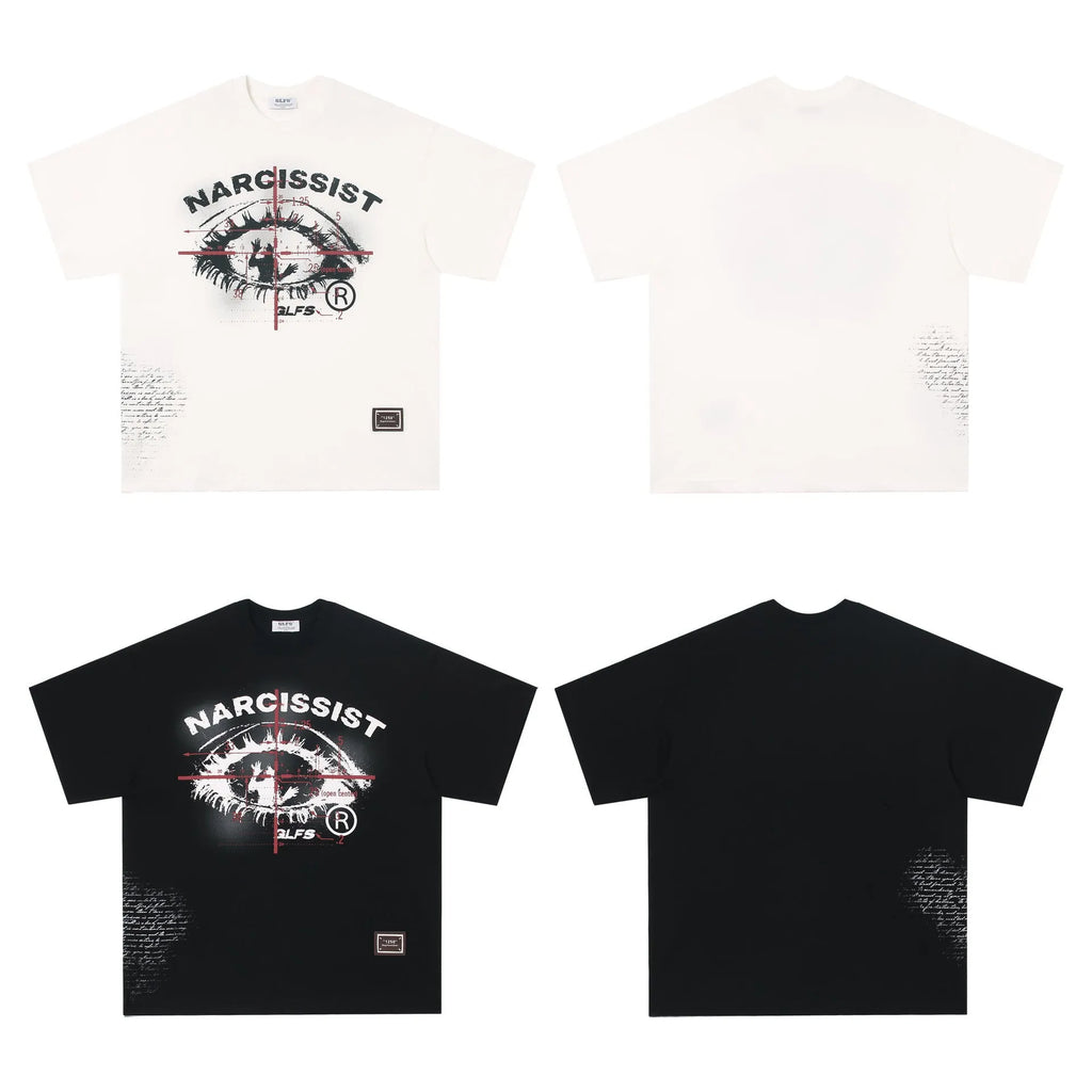 Short sleeve cotton T-shirt with retro hip hop letter print in black or white