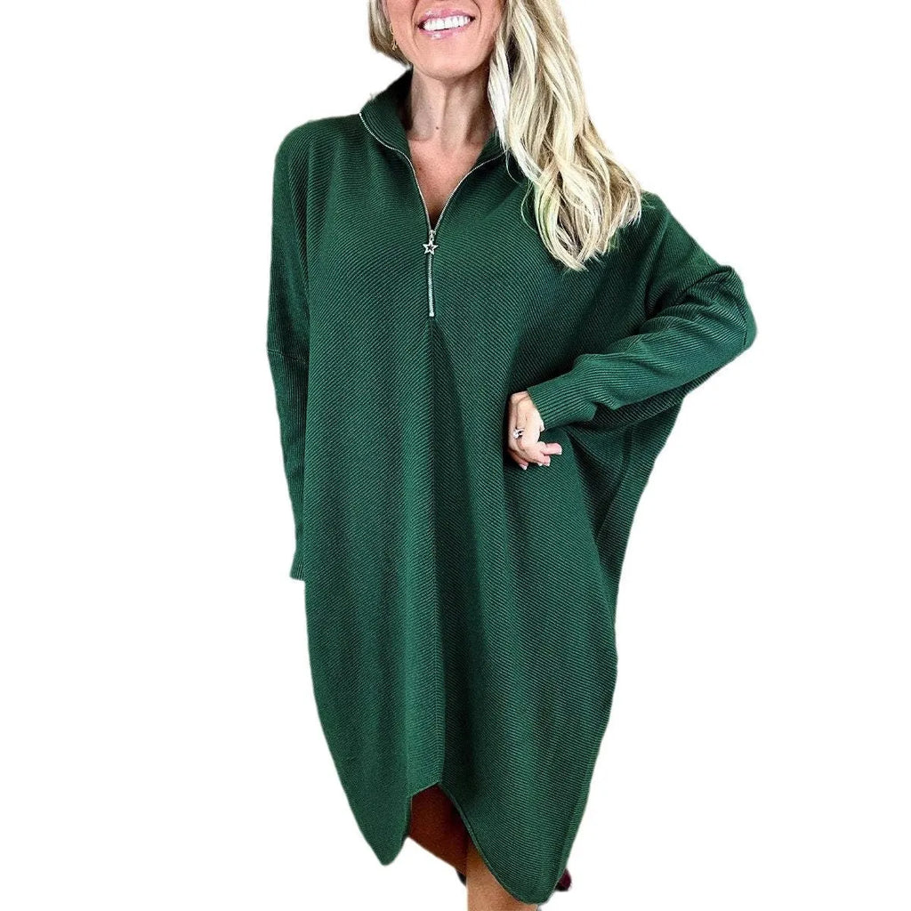 Women's solid colour knitted loose dress with front zipper and raglan sleeves