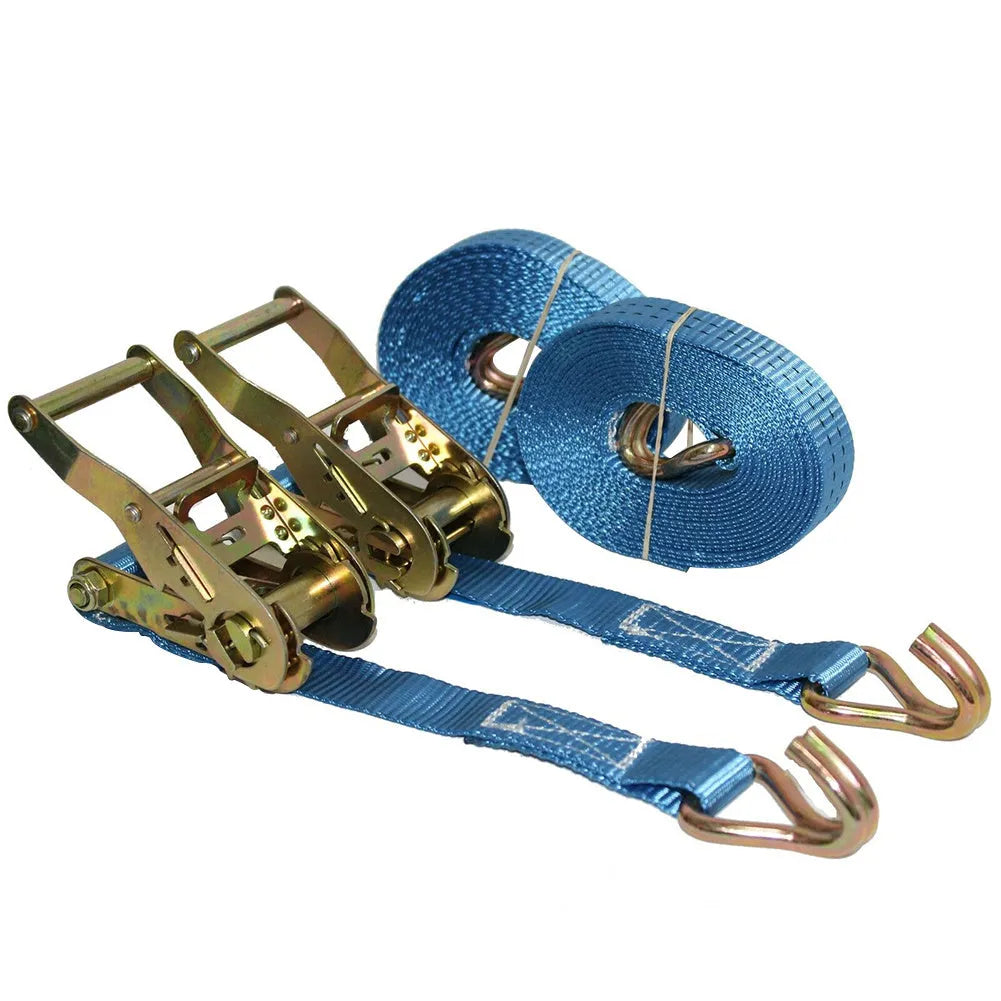 Steel ratchet tensioner with double hook on a grey polyester binding strap laid flat
