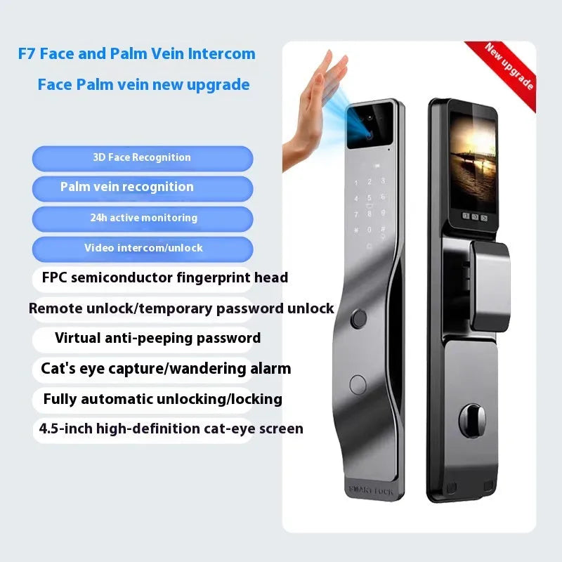 F7 face intercom smart door lock with face recognition, fingerprint, and password entry in aluminum alloy housing