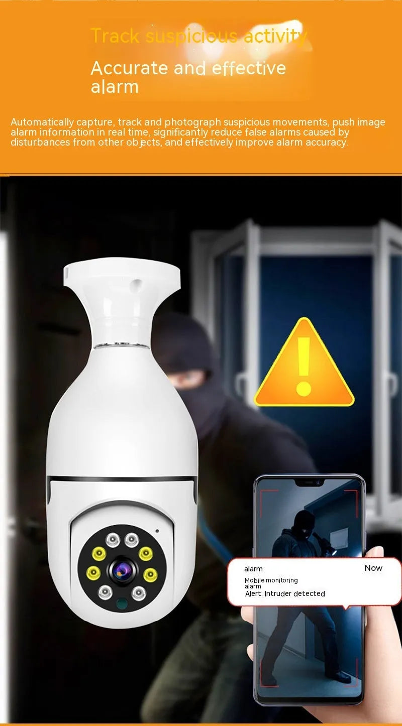 Wireless bulb security camera showing compact design with 1080p and night vision capabilities