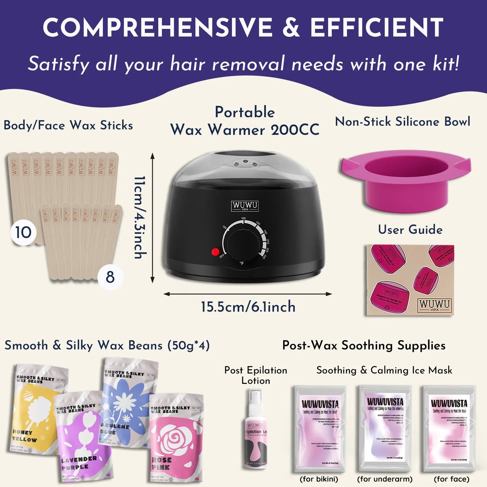 Portable waxing kit with black wax warmer, four coloured wax beans, facial and body sticks, and aftercare products