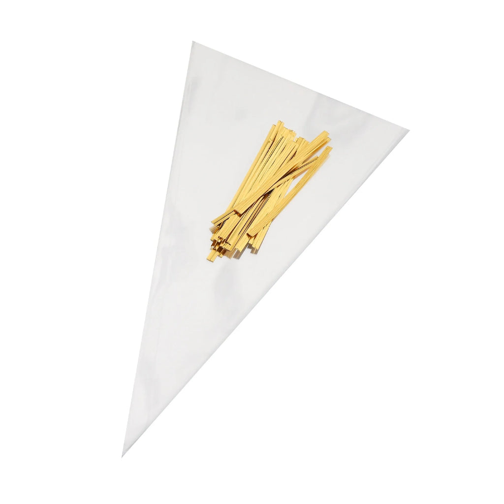 Clear plastic triangle-shaped bag with a twisted metal tie wire closure.