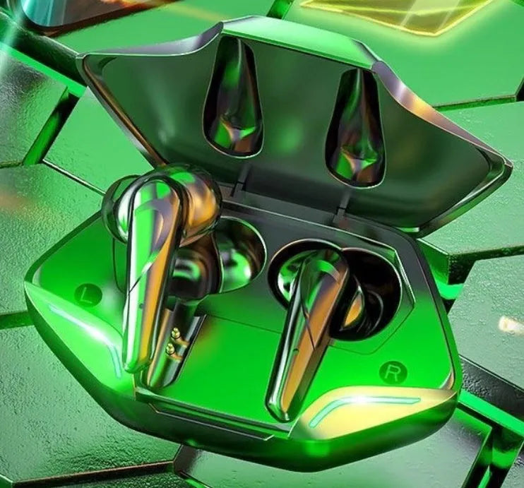 Wireless Bluetooth gaming earbuds with a portable charging case, shown in multiple colour options.