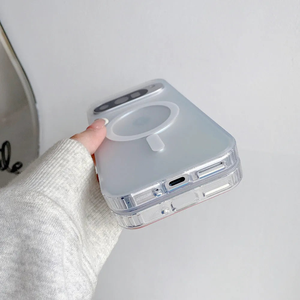 Transparent laser frosted matte phone case for Google models with magnetic feature.