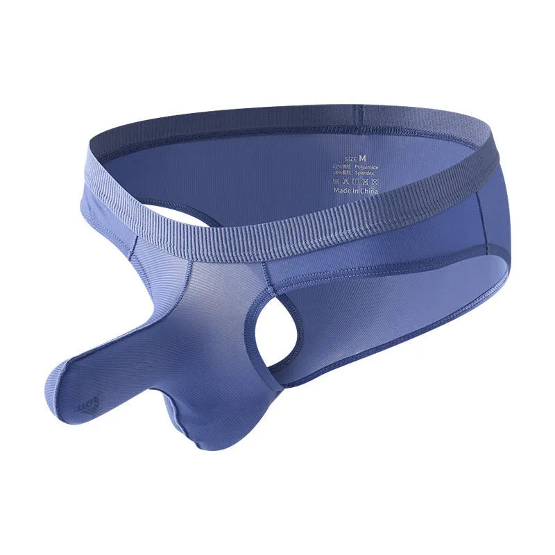 Men's Ice Silk low waist briefs underwear shown in multiple colours with size chart