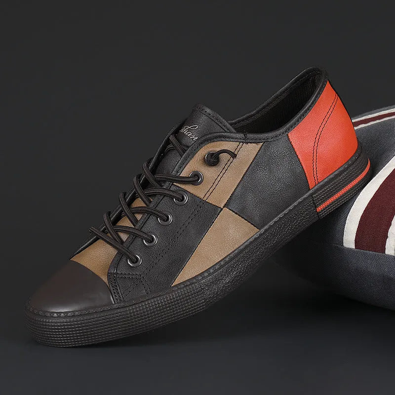 Men's round toe leather pumps with elastic band and vulcanised rubber sole in colour matching design