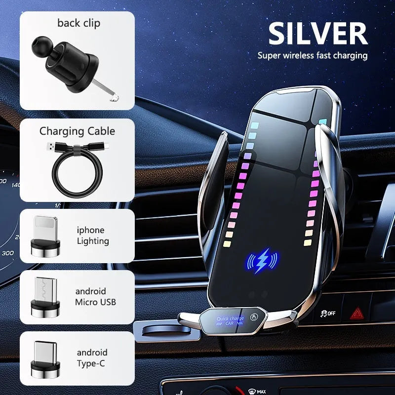 Car mobile phone holder with wireless charging and automated clamping in silver finish