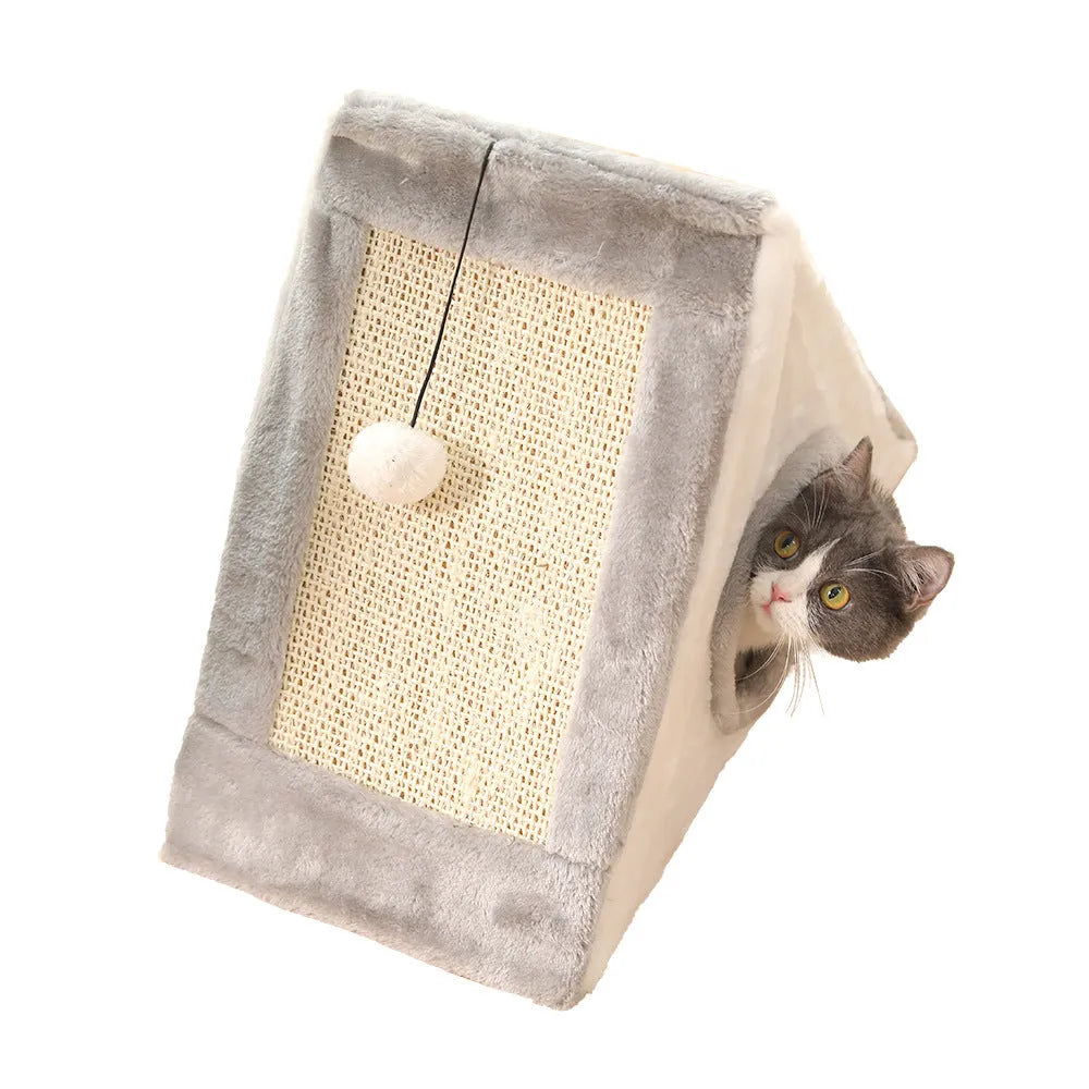 Grey and white triangular cat bed with sisal scratching surfaces, shown next to a light brown and beige version.