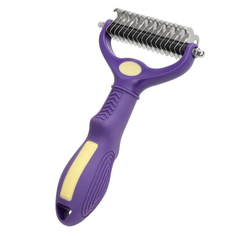 Purple plastic double-sided pet comb for removing knots from dog and cat fur