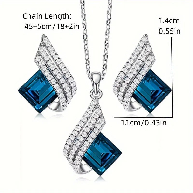 Women's necklace and earring set with cross chain design and glass pendant in alloy with electroplated finish