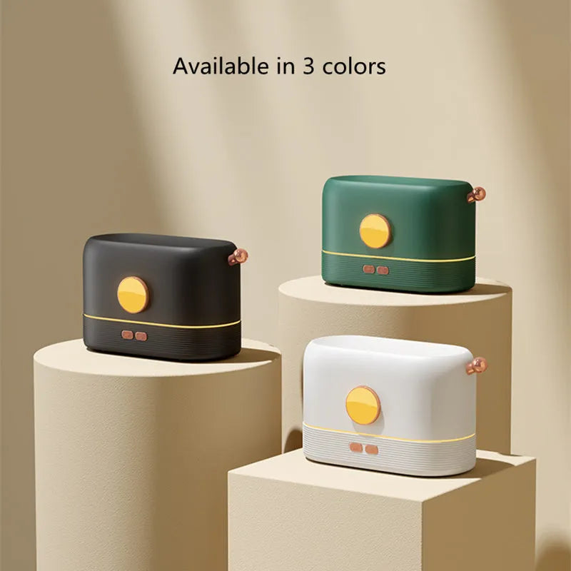 Black USB desktop humidifier diffuser with simulation flame effect and 200ml water tank.