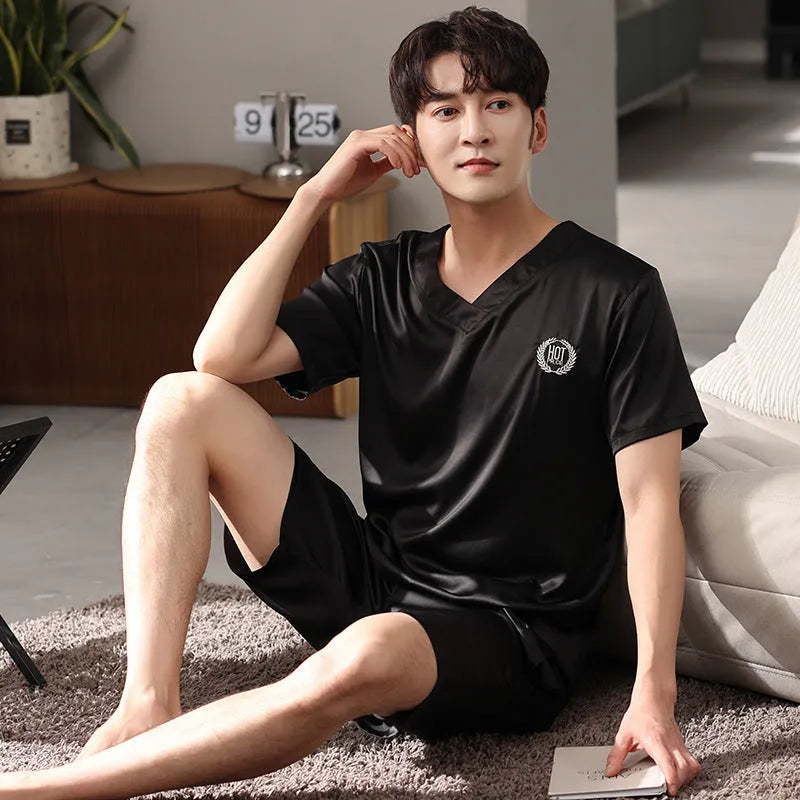 Men's ice silk loose-fit pajama set with short sleeve shirt and matching shorts in cooling fabric