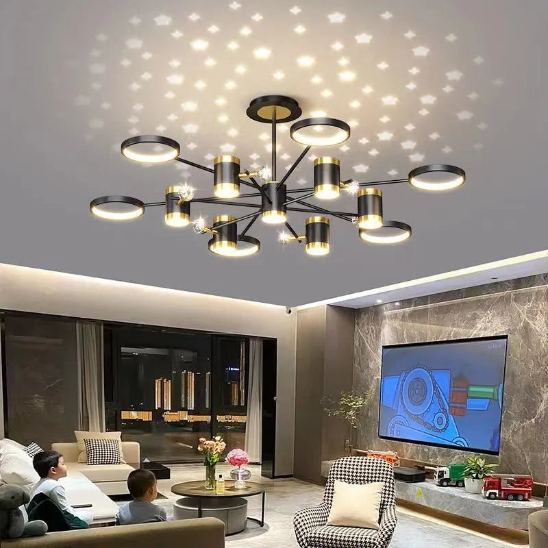 Black iron chandelier with 13 light heads and adjustable suspension