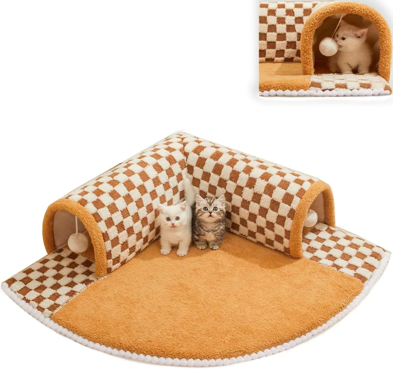 Brown plaid cat tunnel bed with central mat showing non-slip bottom and zipper closure