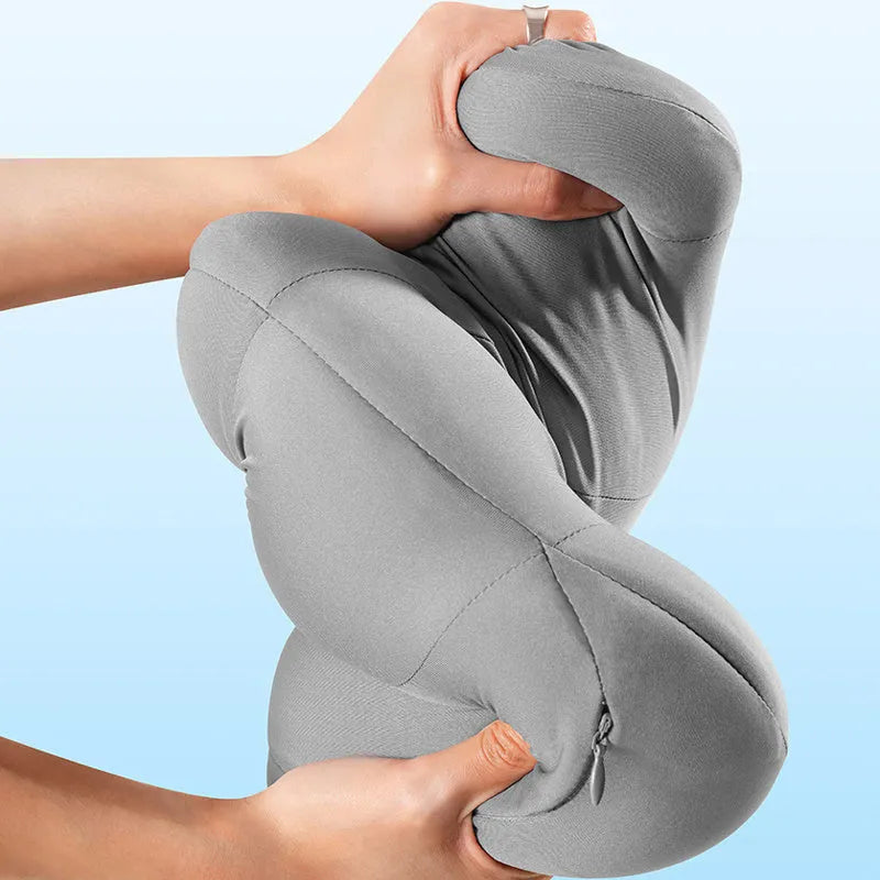 Grey and orange car head restraint neck guard with memory cotton interior shown as headrest and waist pillow