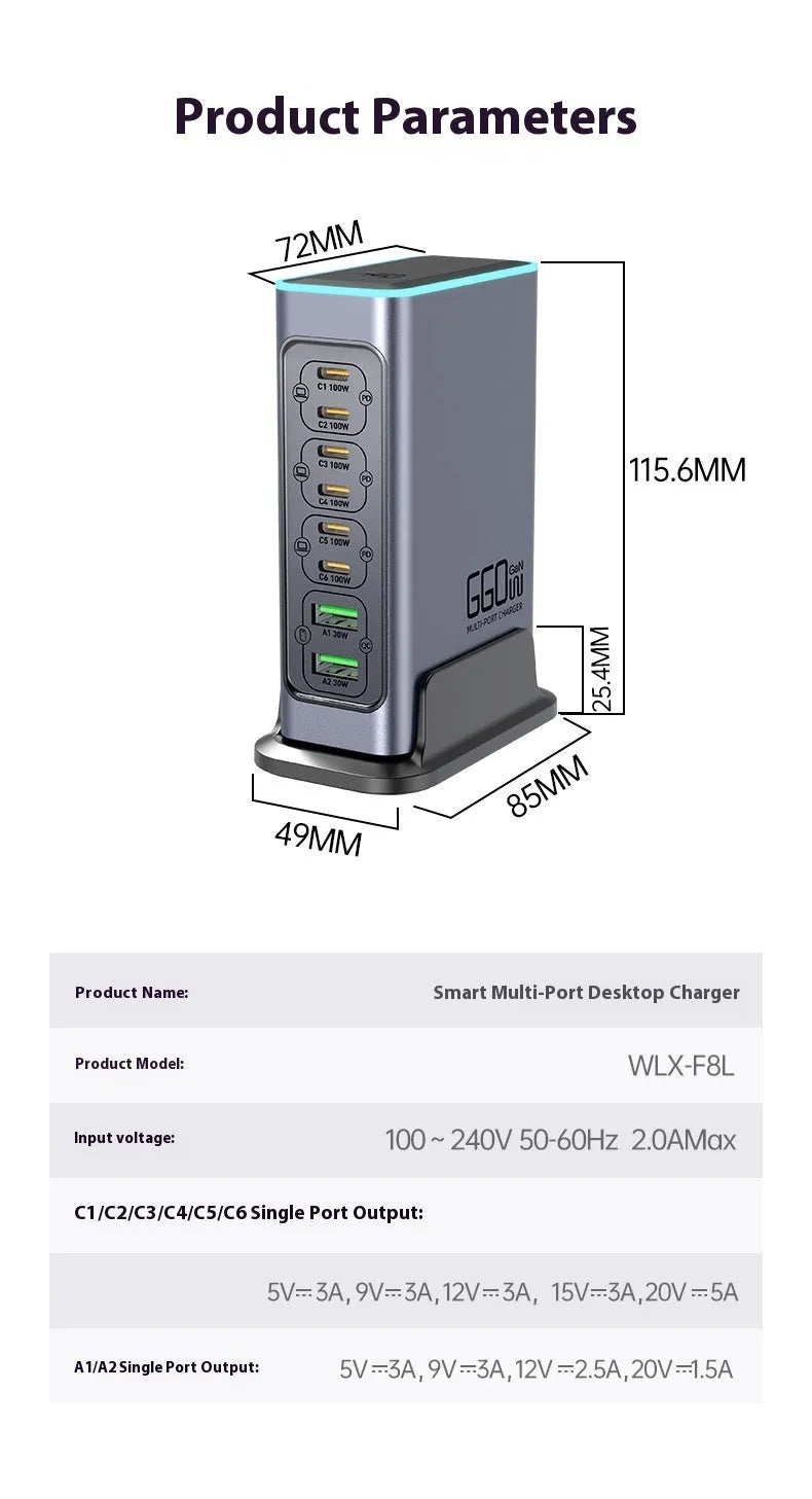 660W Gallium Nitride desktop fast charger with four USB-C ports and UK, EU, US, AU plug heads.