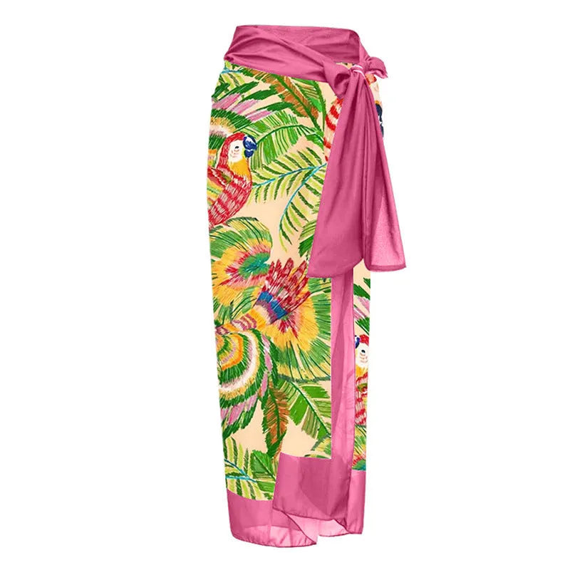 Women's pink floral print retro one-piece swimsuit with V-neck and matching skirt