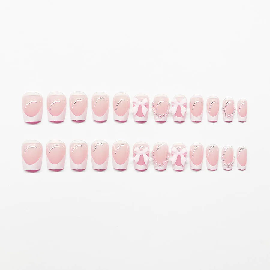 French manicure false nails with bow designs in short European square shape