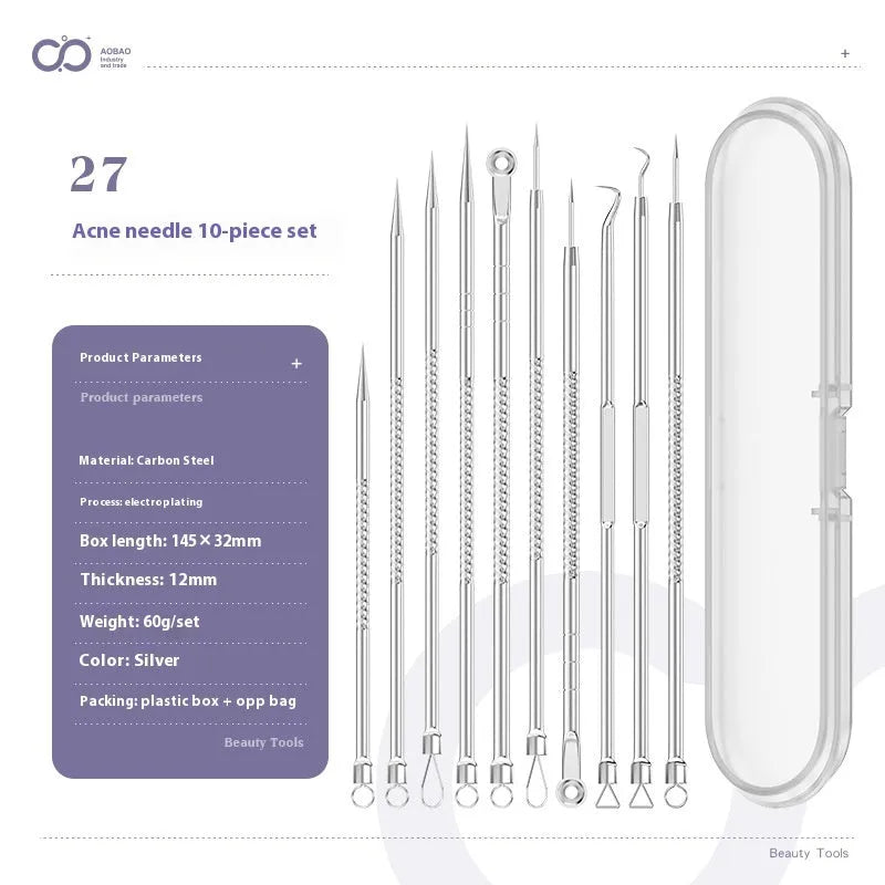 Four silver metal acne needles with pointed tips for skincare extraction