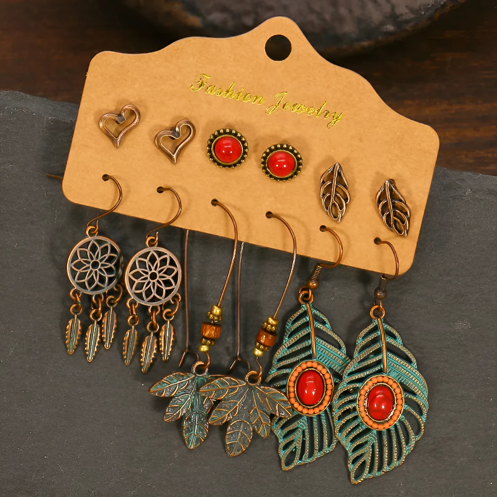 Bohemian earring set with alloy base, electroplated finish, tassel and beaded drop designs in heart shape