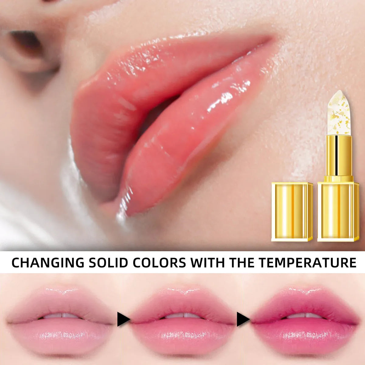 Tube of gilding warm colour-changing anti-smudge lipstick on a peach background.